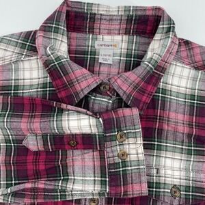 Carhartt Girls L 12/14 Plaid Button Down Shirt Magenta Green 102260 654
